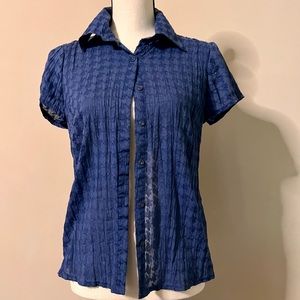Semi Sheer Royal Blue Collared Short Sleeve Button Down Blouse / TOP
